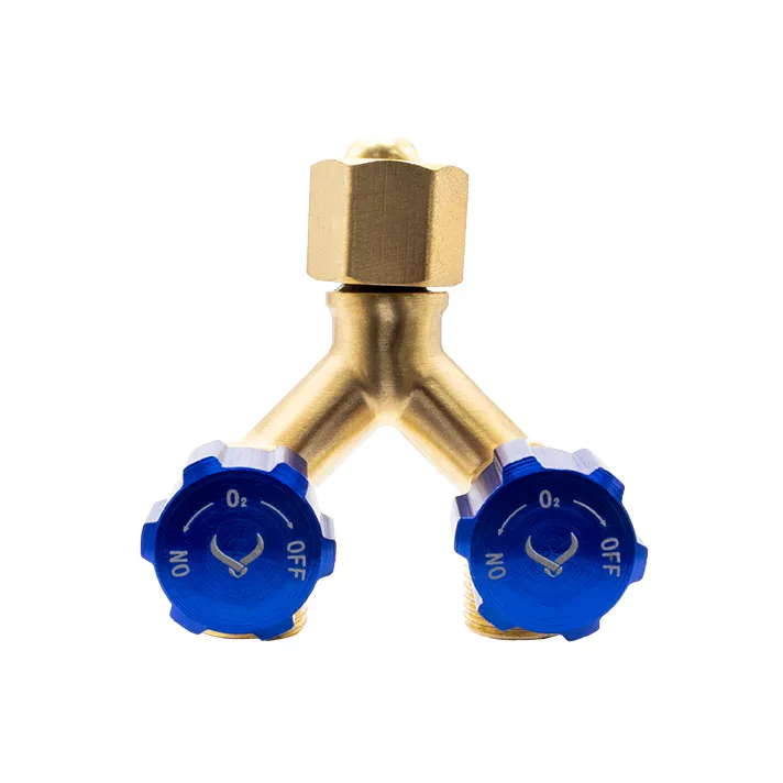 Brass Y Piece Adaptor with Valves- Inlet: 5/8"-18 UNF RH Female - Outlet: 2 x 5/8"-18 UNF RH Male