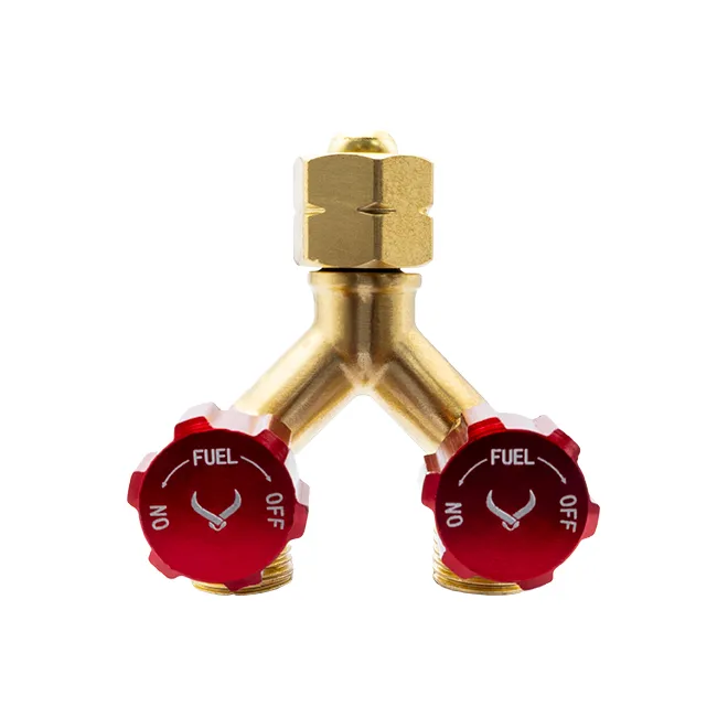 Brass Y Piece Adaptor with Valves - Inlet: 5/8"-18 UNF LH Female - Outlet: 2 x 5/8"-18 UNF LH Male
